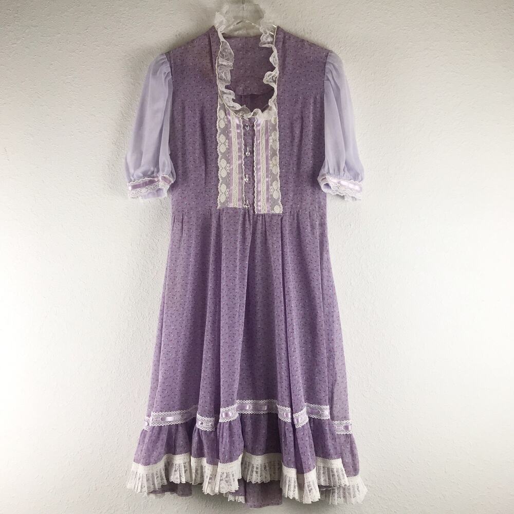 Vintage 70s 80s Purple Floral Lace Ribbon Prairie Dress Cottagecore Semi-Sheer M